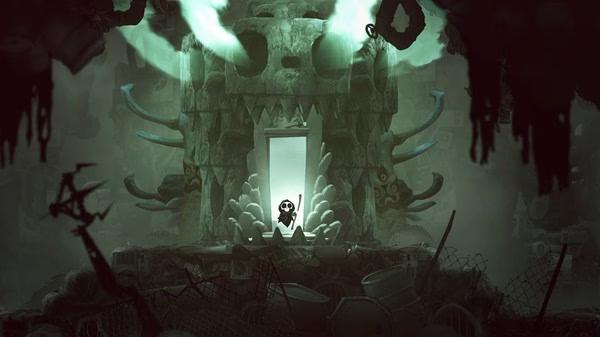 Screenshot from "Have a Nice Death" showing the main character, Death, standing in front of a skull-shaped portal.