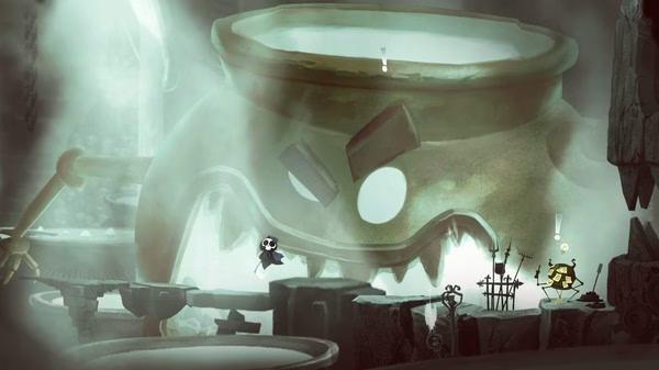 Screenshot from "Have a Nice Death" showing the main character, Death, jumping near a giant skull-shaped cauldron in a misty environment.
