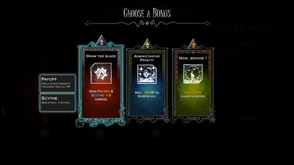 Have a Nice Death screenshot: Bonus selection screen showing three upgrade options—Draw the Blade, Administrative Penalty, and Now, Begone!
