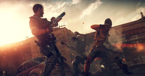 Mad Max screenshot: A rugged character wields a shotgun in a dynamic confrontation against a masked enemy amidst a post-apocalyptic setting.