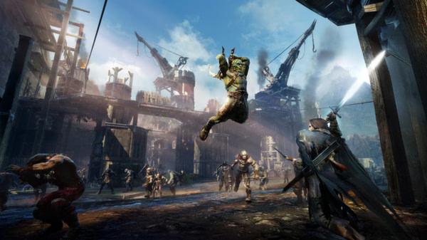 A Middle-earth: Shadow of Mordor screenshot showing a combat scene with an orc leaping and warriors battling in a fortress.