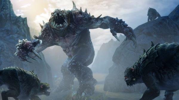 Screenshot from Middle-earth: Shadow of Mordor showing a massive creature battling two smaller beasts in a rocky landscape.