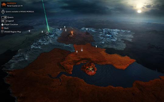 Screenshot from Middle-earth: Shadow of War showing an expansive map view with quest markers and a glowing waypoint.