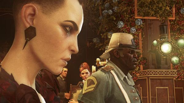 Dishonored 2 screenshot: Two characters in a lavish, flower-adorned room with warm lighting and ornate decorations.
