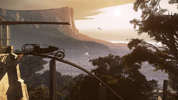 Dishonored 2 screenshot: A scenic view of a city at sunset, with a carriage perched on a rail and cliffs visible in the background.