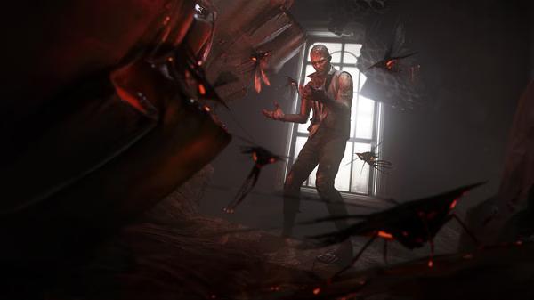 Dishonored 2 screenshot: A figure stands near a window, surrounded by ominous red insects, creating a tense atmosphere.