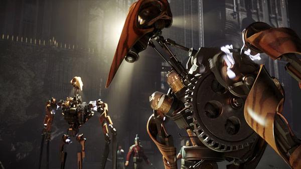 Dishonored 2 screenshot: Two clockwork soldiers stand in a dimly lit area with gears and metallic details, surrounded by a dramatic glow.