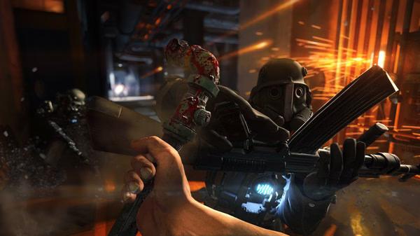 A screenshot from Wolfenstein: The Old Blood showing intense combat with a soldier in dark armor and sparks flying in a dimly lit setting.
