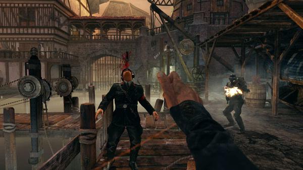Screenshot from Wolfenstein: The Old Blood showing a player attacking a soldier with a melee weapon on a dock.