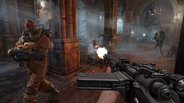 Screenshot from Wolfenstein: The Old Blood showing a player aiming at enemies in a dimly lit, Gothic-style corridor.