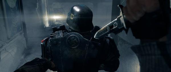 Screenshot from Wolfenstein: The New Order showing a player character stealthily approaching an enemy soldier with a knife.