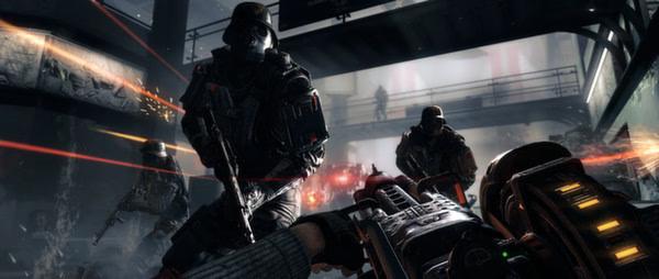 Screenshot from Wolfenstein: The New Order showing an intense gunfight scene with armed soldiers in a futuristic setting.