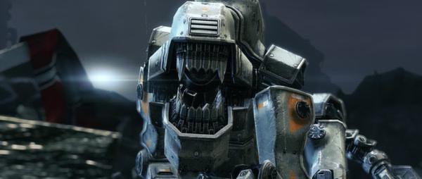 Screenshot from Wolfenstein: The New Order showing a menacing, heavily-armored mech in a dark, industrial setting.