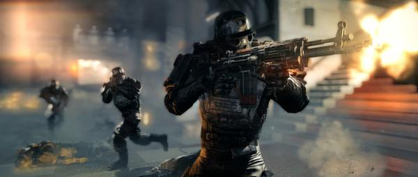 A screenshot from Wolfenstein: The New Order shows armed soldiers in combat, with one firing a rifle amidst smoke and chaos.