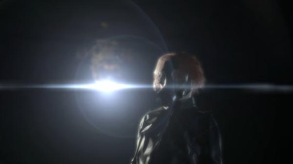 Screenshot from Metal Gear Solid V: The Phantom Pain showing a figure in a gas mask and leather outfit against a bright light.