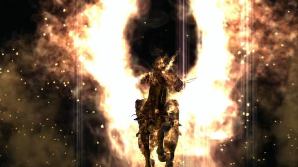 A screenshot from Metal Gear Solid V: The Phantom Pain shows a fiery silhouette of a character surrounded by flames and glowing embers.