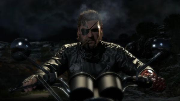 Screenshot of Metal Gear Solid V: The Phantom Pain showing a character in a leather jacket riding a motorcycle at night.