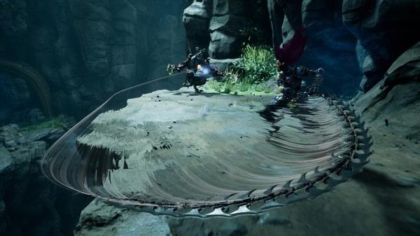 Darksiders III screenshot: Fury swings her weapon at a large enemy amidst rocky terrain, displaying dynamic combat action.