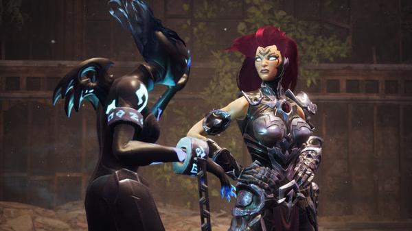 Darksiders III screenshot: Two armored characters engage in conversation, one holding a glowing weapon in a lush, ancient setting.