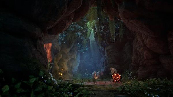 Screenshot of Darksiders III showing a lush cave with glowing plants, a fiery enemy, and light streaming through the ceiling.