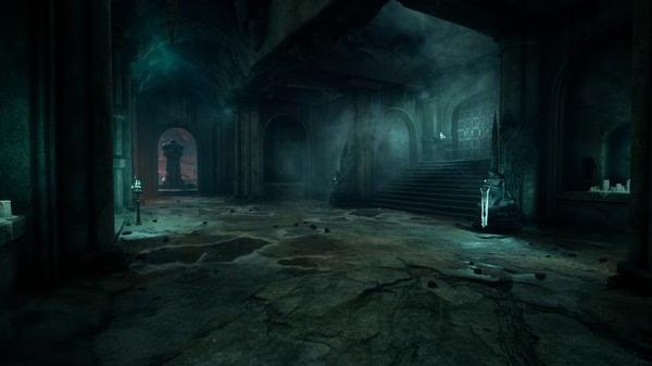 Darksiders III screenshot: A dimly lit, ancient stone chamber with arches and stairs, shrouded in mist and eerie blue light.