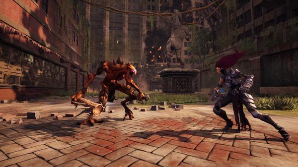 Darksiders III screenshot: A fierce battle unfolds between Fury and a menacing creature in a desolate, overgrown cityscape.