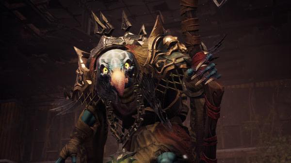 Screenshot from Darksiders III featuring a fierce, armored creature with a bird-like face, holding a weapon in a dark, ominous setting.