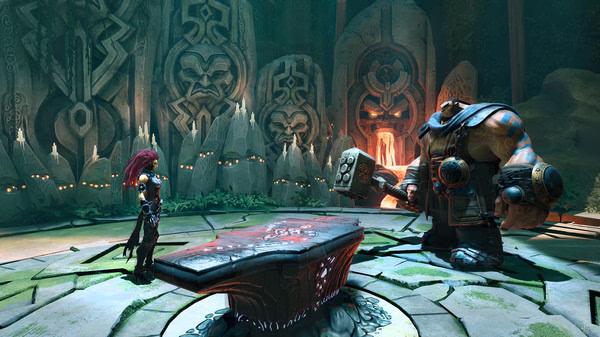 Darksiders III screenshot: The protagonist, Fury, faces a large armored creature in a mystical chamber with ornate stone carvings.