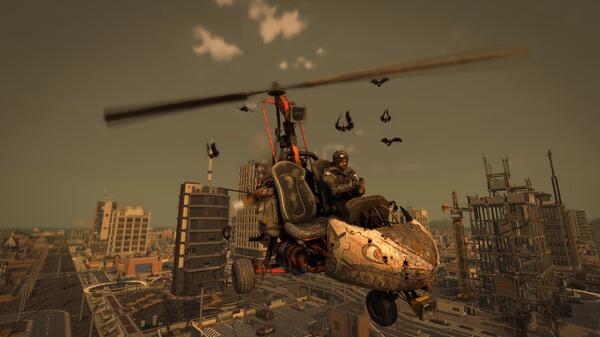 Screenshot from 7 Days to Die showing a character flying a gyrocopter over a city with several buildings and birds in the sky.