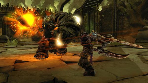 Screenshot from Darksiders II Deathinitive Edition shows a warrior in combat with a large armored creature in a mystical setting.