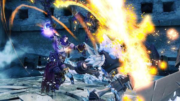 Darksiders II Deathinitive Edition screenshot: Death battles an armored enemy, surrounded by glowing effects and intense combat in a snowy scene.