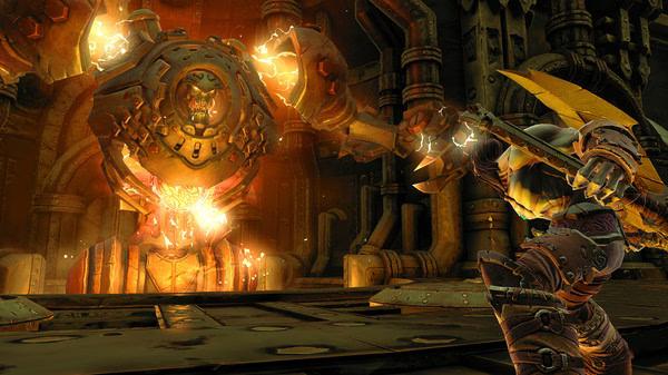 Darksiders II Deathinitive Edition screenshot: Death battles a fiery mechanical boss in a dark, industrial arena.