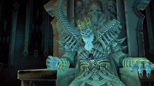Darksiders II Deathinitive Edition screenshot: A skeletal king with a crown and armor sits on a throne in a dark, ornate chamber.