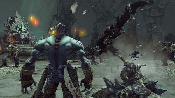 Screenshot from Darksiders II Deathinitive Edition showing Death facing off against armored enemies in a dark, mystical setting.