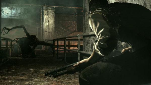 Screenshot from The Evil Within showing a tense scene with a character holding a weapon, facing a monstrous creature in a dimly lit corridor.