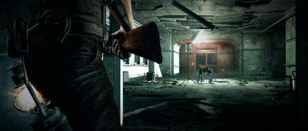 A screenshot from The Evil Within showing a character holding a weapon in a dark, abandoned room with debris and eerie lighting.