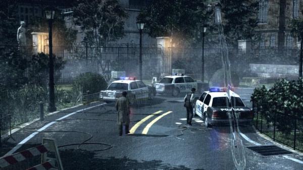 A screenshot from The Evil Within showing police cars, officers, and a detective investigating a foggy, eerie street scene.