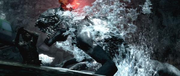 Screenshot from The Evil Within showing a monstrous creature emerging from water in a dark, eerie environment.
