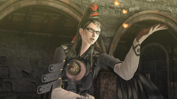 Bayonetta screenshot: The character, wearing a detailed black outfit, gestures with glowing lights near an arched stone doorway.