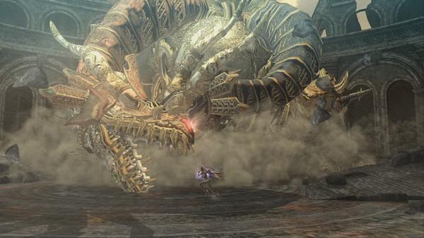 Bayonetta screenshot: Bayonetta faces off against a massive, golden dragon-like creature in a smoky, ancient coliseum setting.