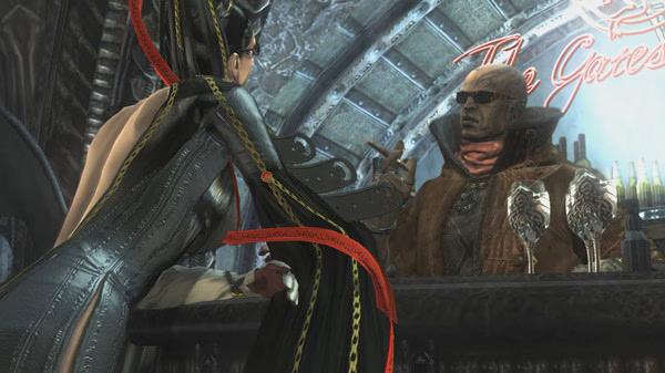 Bayonetta screenshot: Bayonetta, in an elegant outfit, interacts with a bartender at a dimly lit bar with neon signage in the background.