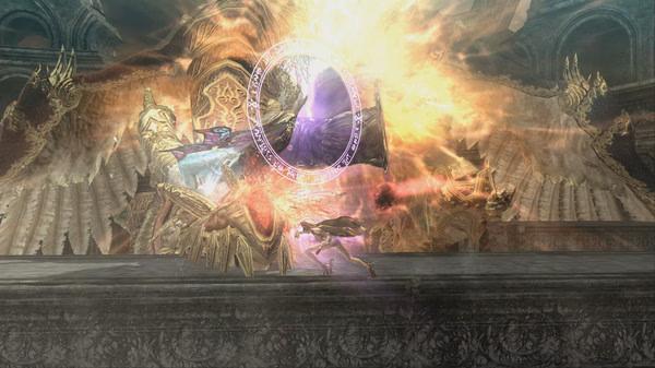 Bayonetta screenshot: Bayonetta battles a large, ornate angelic creature with fiery effects in a grand, ancient setting.
