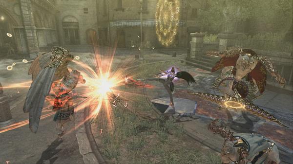 Bayonetta screenshot: Bayonetta battles angelic enemies in a courtyard, surrounded by glowing effects and dynamic combat action.