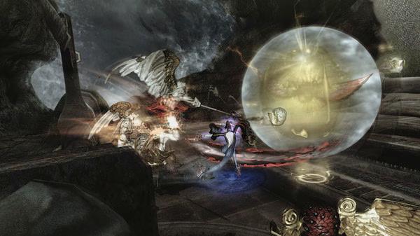 Bayonetta screenshot: Bayonetta battles angelic enemies in a dark, rocky setting with glowing effects and dynamic combat visuals.