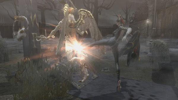 Bayonetta screenshot: Bayonetta performing a kick attack on an angelic enemy in a foggy graveyard setting.