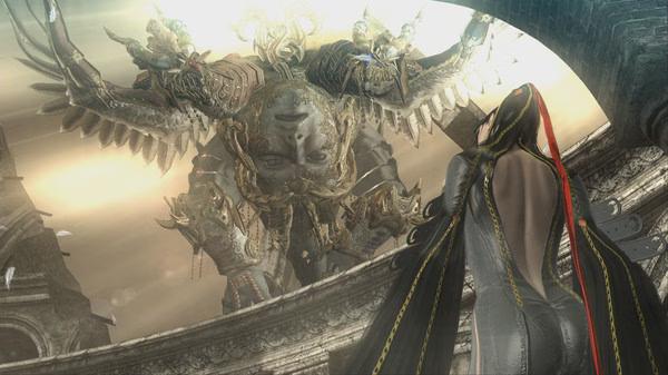 Bayonetta screenshot: Bayonetta faces a towering, ornate creature with multiple faces and wings in a dramatic, ancient setting.