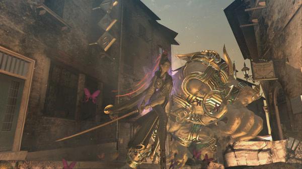 Bayonetta screenshot: Bayonetta, wielding a sword, stands with a large armored creature in a city street surrounded by glowing butterflies.