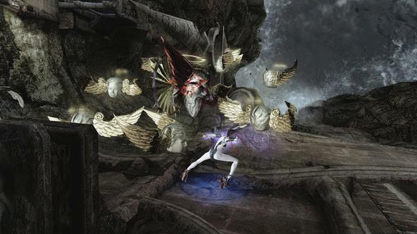 Bayonetta screenshot: Bayonetta battles angelic creatures on a rocky platform, showcasing dynamic combat and mystical powers.