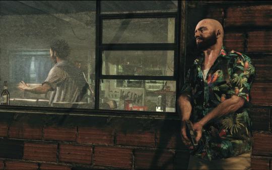 Max Payne 3 screenshot: A man in a floral shirt with a gun hides outside a window, observing another man indoors.