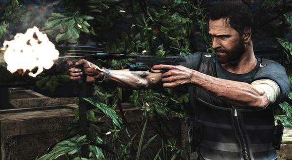 Max Payne 3 screenshot: A character in tactical gear fires a rifle amidst lush greenery, showcasing intense action scenes.